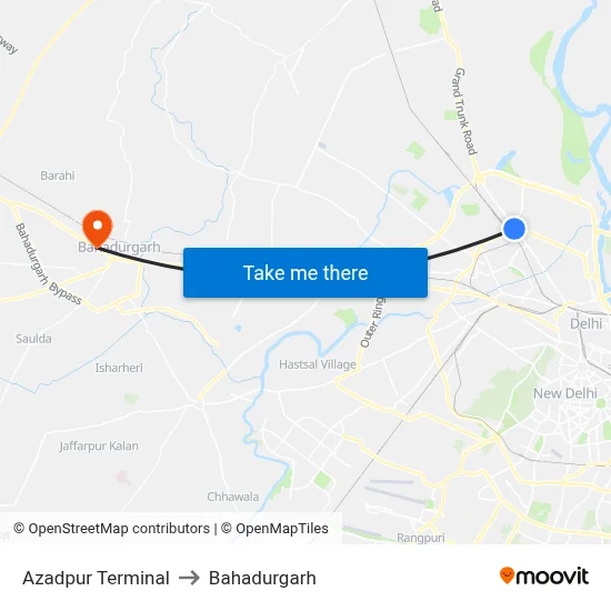 Azadpur Terminal to Bahadurgarh map