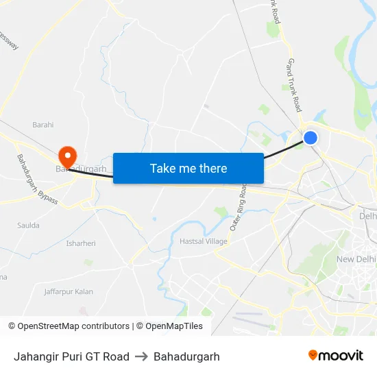 Jahangir Puri GT Road to Bahadurgarh map