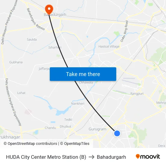 HUDA City Center Metro Station (B) to Bahadurgarh map