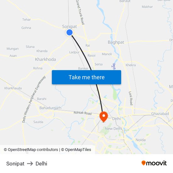 Sonipat to Delhi map