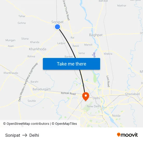 Sonipat to Delhi map