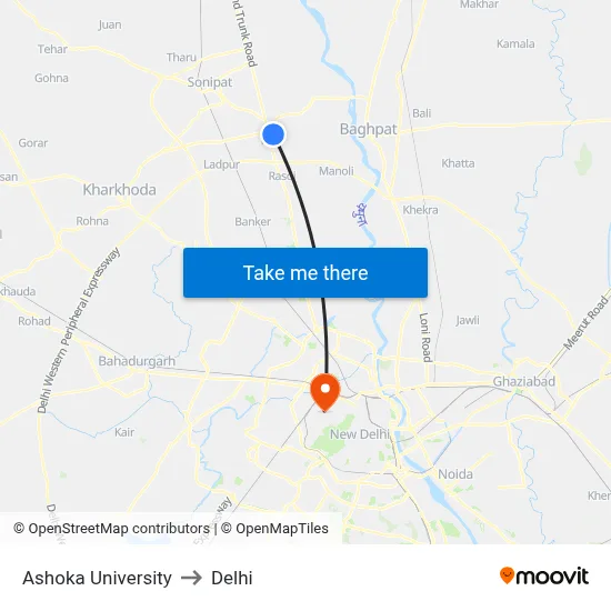 Ashoka University to Delhi map