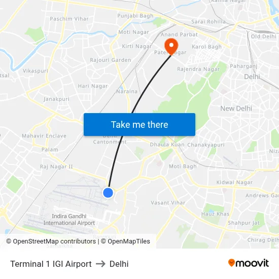 Terminal 1 IGI Airport to Delhi map