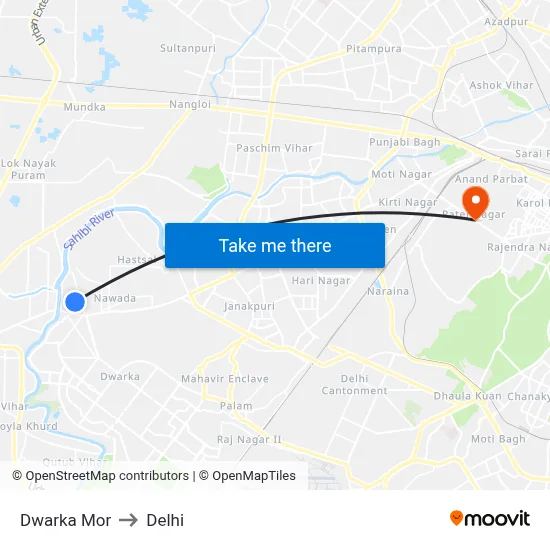 Dwarka Mor to Delhi map