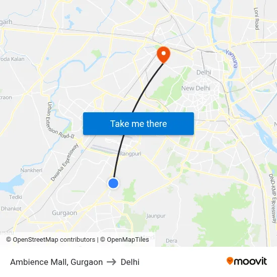 Ambience Mall, Gurgaon to Delhi map