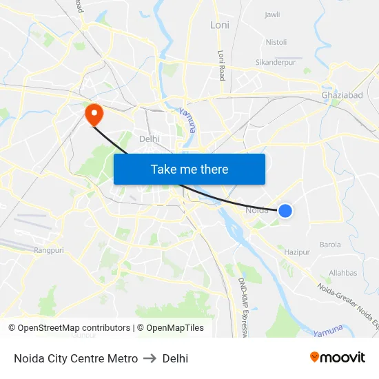 Noida City Centre Metro to Delhi map