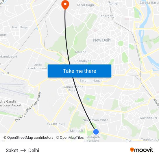 Saket to Delhi map