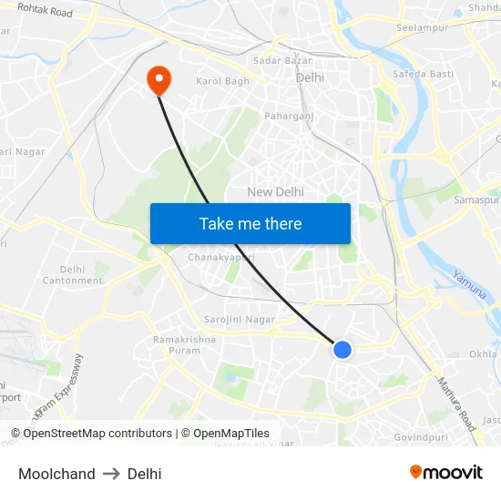 Moolchand to Delhi map