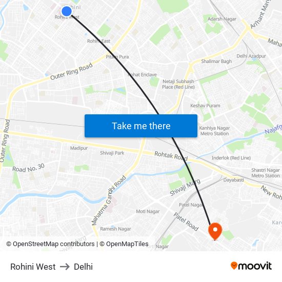 Rohini West to Delhi map