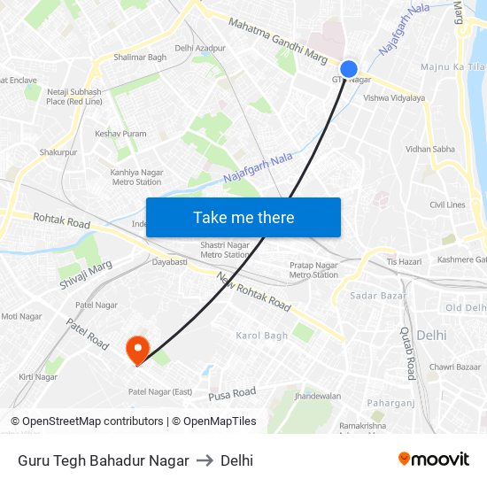 Guru Tegh Bahadur Nagar to Delhi map