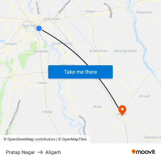 Pratap Nagar to Aligarh map