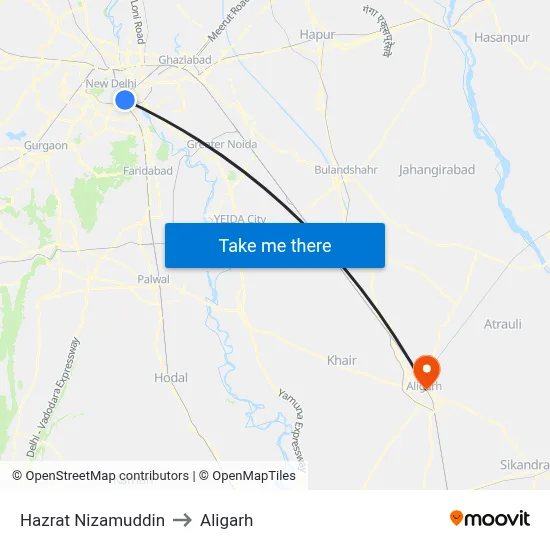 Hazrat Nizamuddin to Aligarh map