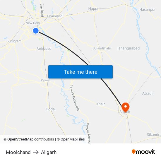 Moolchand to Aligarh map