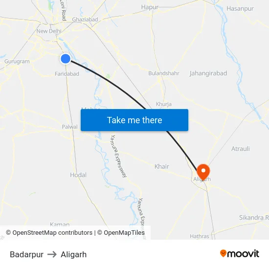 Badarpur to Aligarh map