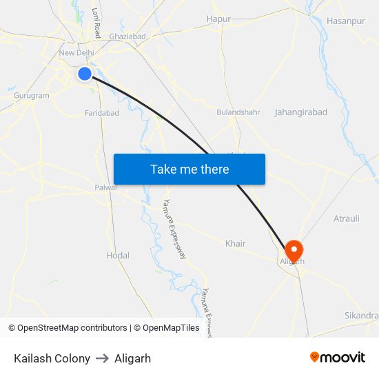 Kailash Colony to Aligarh map