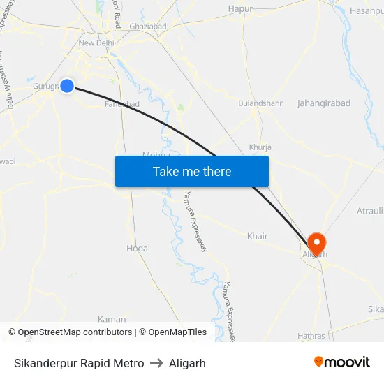 Sikanderpur Rapid Metro to Aligarh map