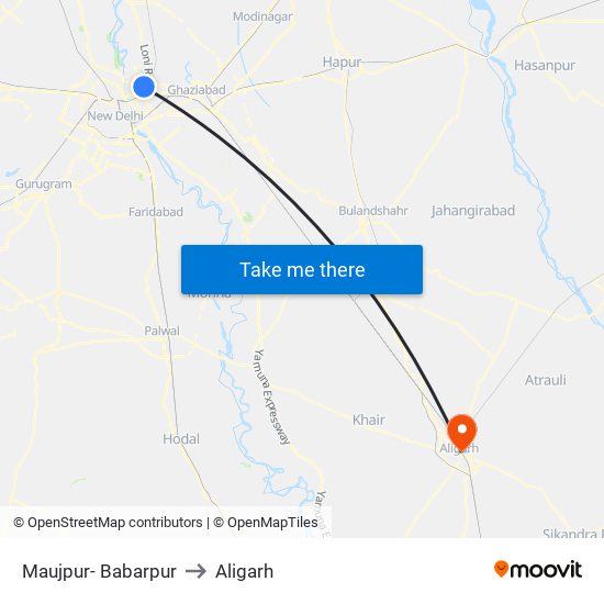 Maujpur- Babarpur to Aligarh map