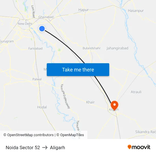 Noida Sector 52 to Aligarh map