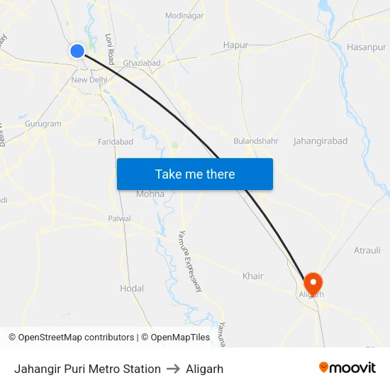 Jahangir Puri Metro Station to Aligarh map