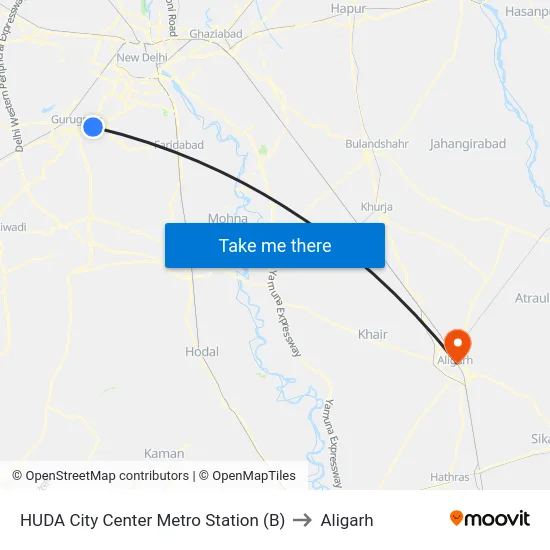 HUDA City Center Metro Station (B) to Aligarh map