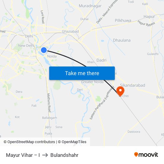 Mayur Vihar – I to Bulandshahr map