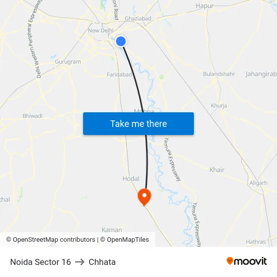 Noida Sector 16 to Chhata map