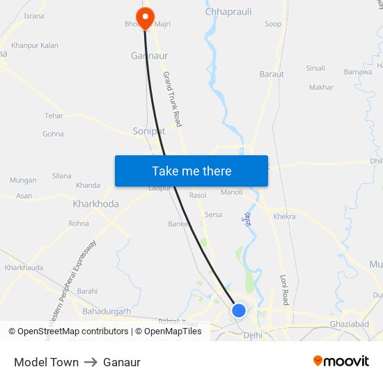 Model Town to Ganaur map