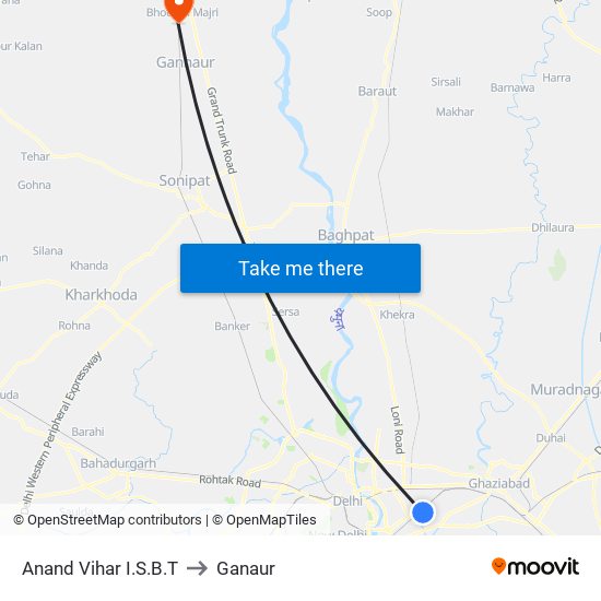 Anand Vihar I.S.B.T to Ganaur map