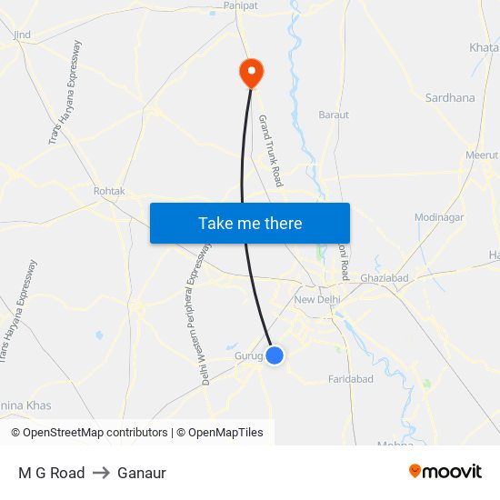 M G Road to Ganaur map