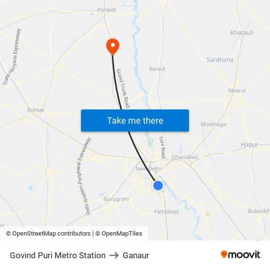 Govind Puri Metro Station to Ganaur map