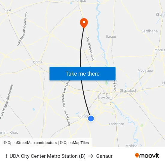 HUDA City Center Metro Station (B) to Ganaur map