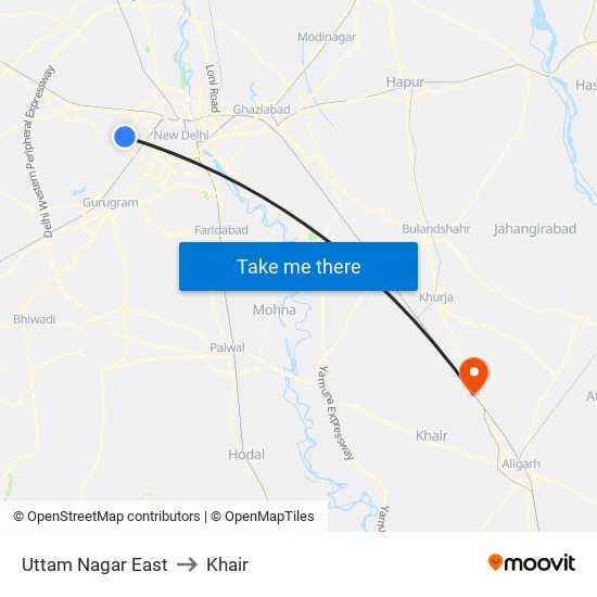 Uttam Nagar East to Khair map