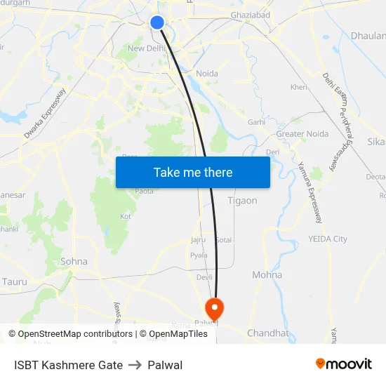 ISBT Kashmere Gate to Palwal map