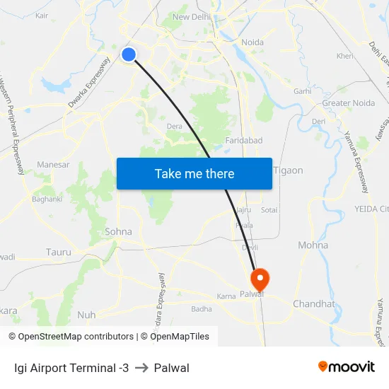 Igi Airport Terminal -3 to Palwal map