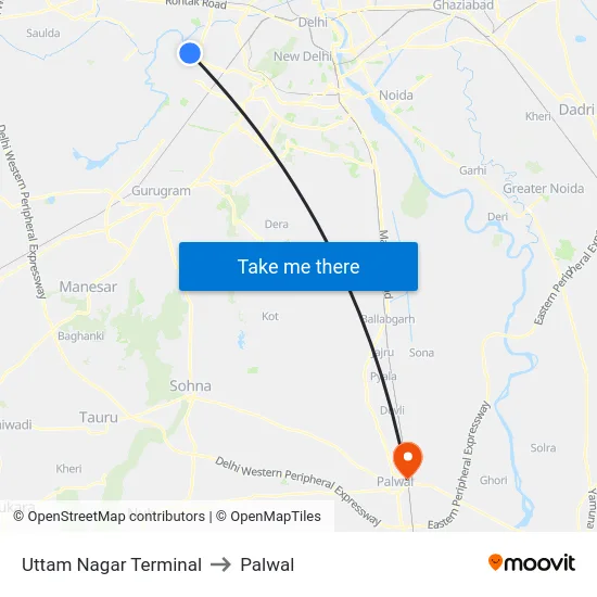 Uttam Nagar Terminal to Palwal map