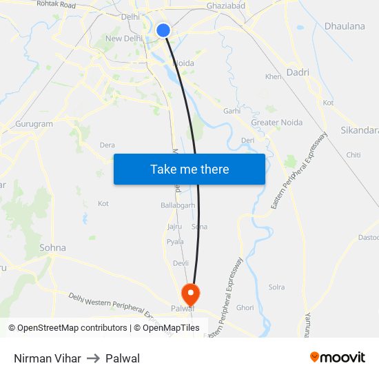 Nirman Vihar to Palwal map