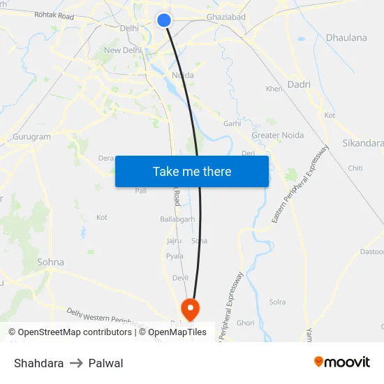 Shahdara to Palwal map