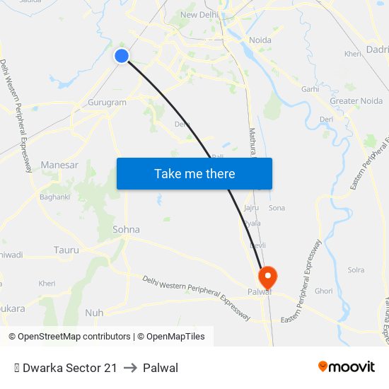 ✈ Dwarka Sector 21 to Palwal map