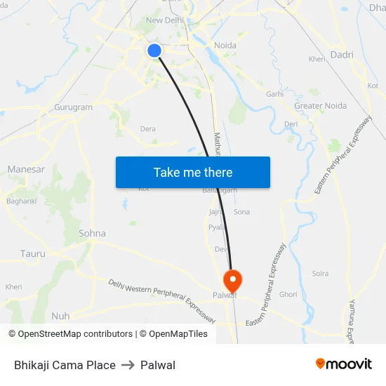 Bhikaji Cama Place to Palwal map