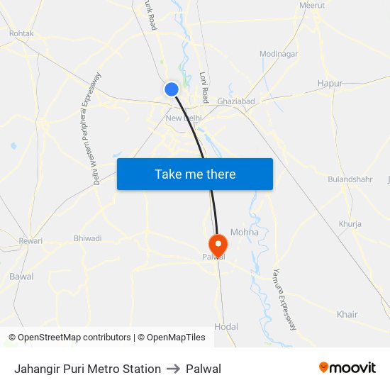 Jahangir Puri Metro Station to Palwal map