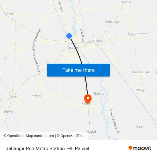 Jahangir Puri Metro Station to Palwal map