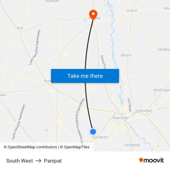 South West to Panipat map