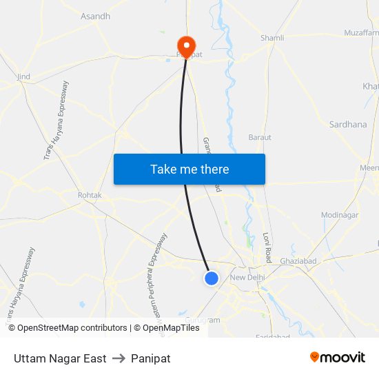 Uttam Nagar East to Panipat map