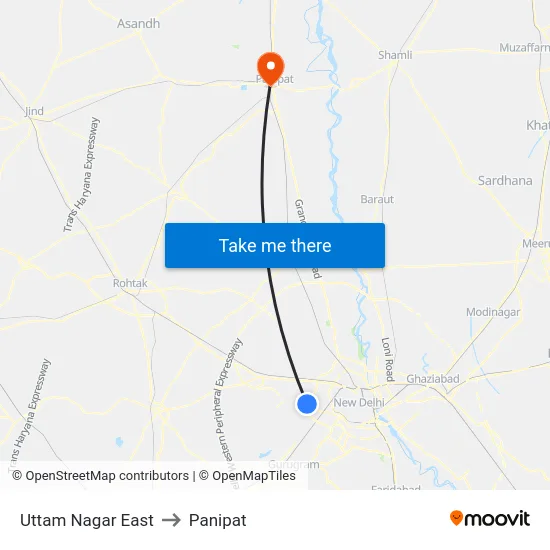 Uttam Nagar East to Panipat map
