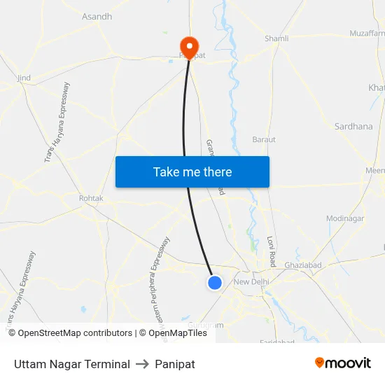 Uttam Nagar Terminal to Panipat map