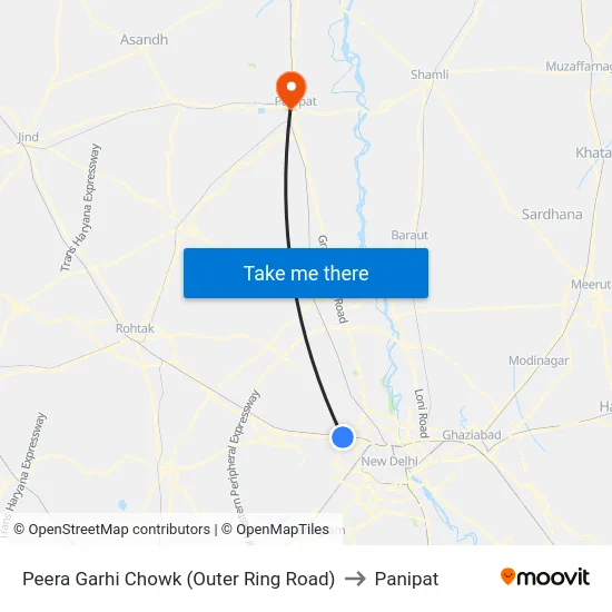Peera Garhi Chowk (Outer Ring Road) to Panipat map