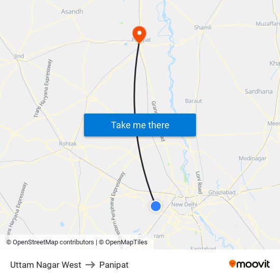 Uttam Nagar West to Panipat map