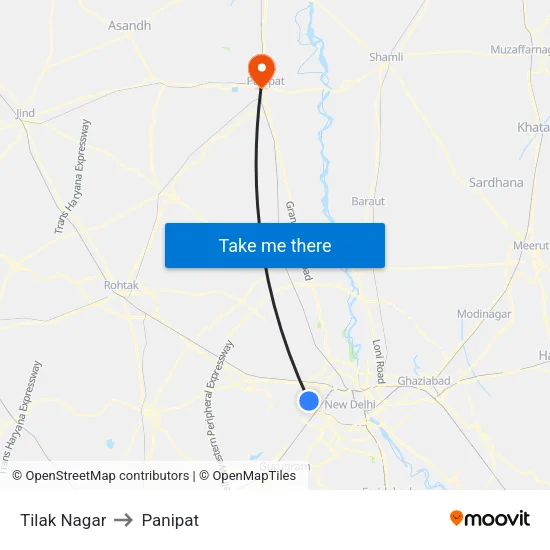 Tilak Nagar to Panipat map