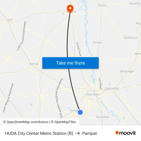 HUDA City Center Metro Station (B) to Panipat map