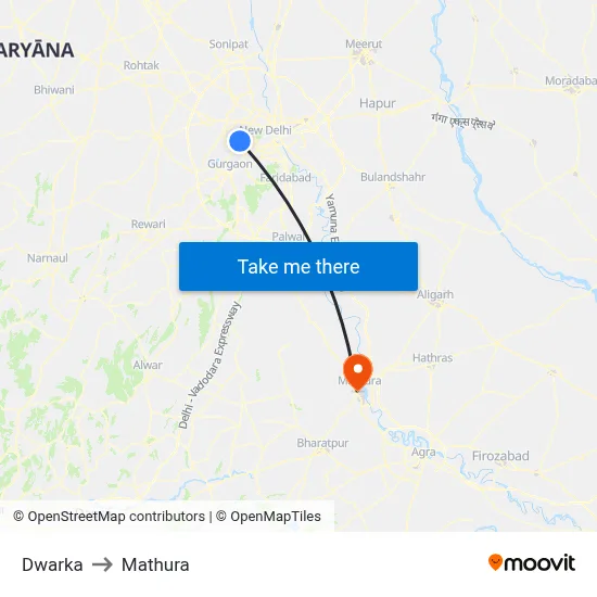 Dwarka to Mathura map